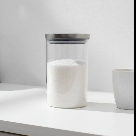 GLASS STORAGE JAR S/STEEL LID ROUND