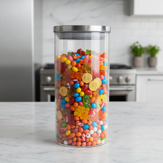 GLASS STORAGE JAR S/STEEL LID ROUND