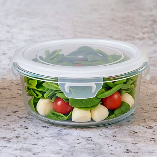 GLASS STORAGE CONTAINER ROUND w/LOCKING LID 930ML