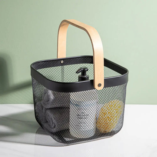 METAL MESH BASKET W/WOODEN HANDLE SQUARE BLACK