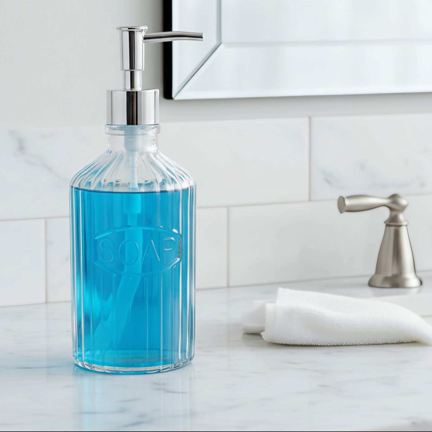 GLASS SOAP PUMP DISPENSER RIBBED ROUND 500ML