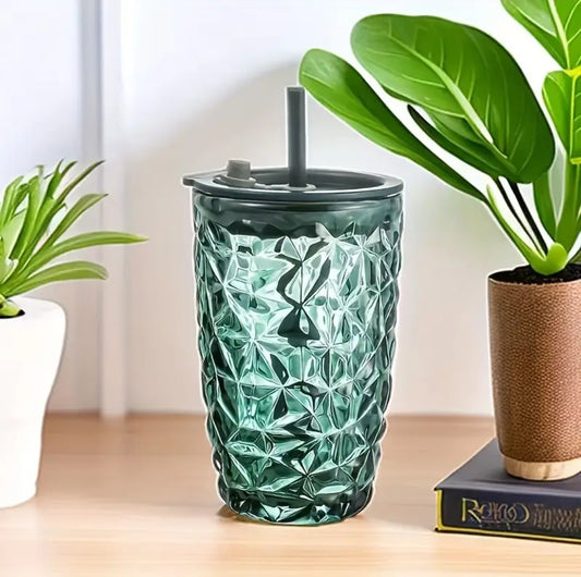 GLASS CUP W/SNAP LID & STRAW 420ML