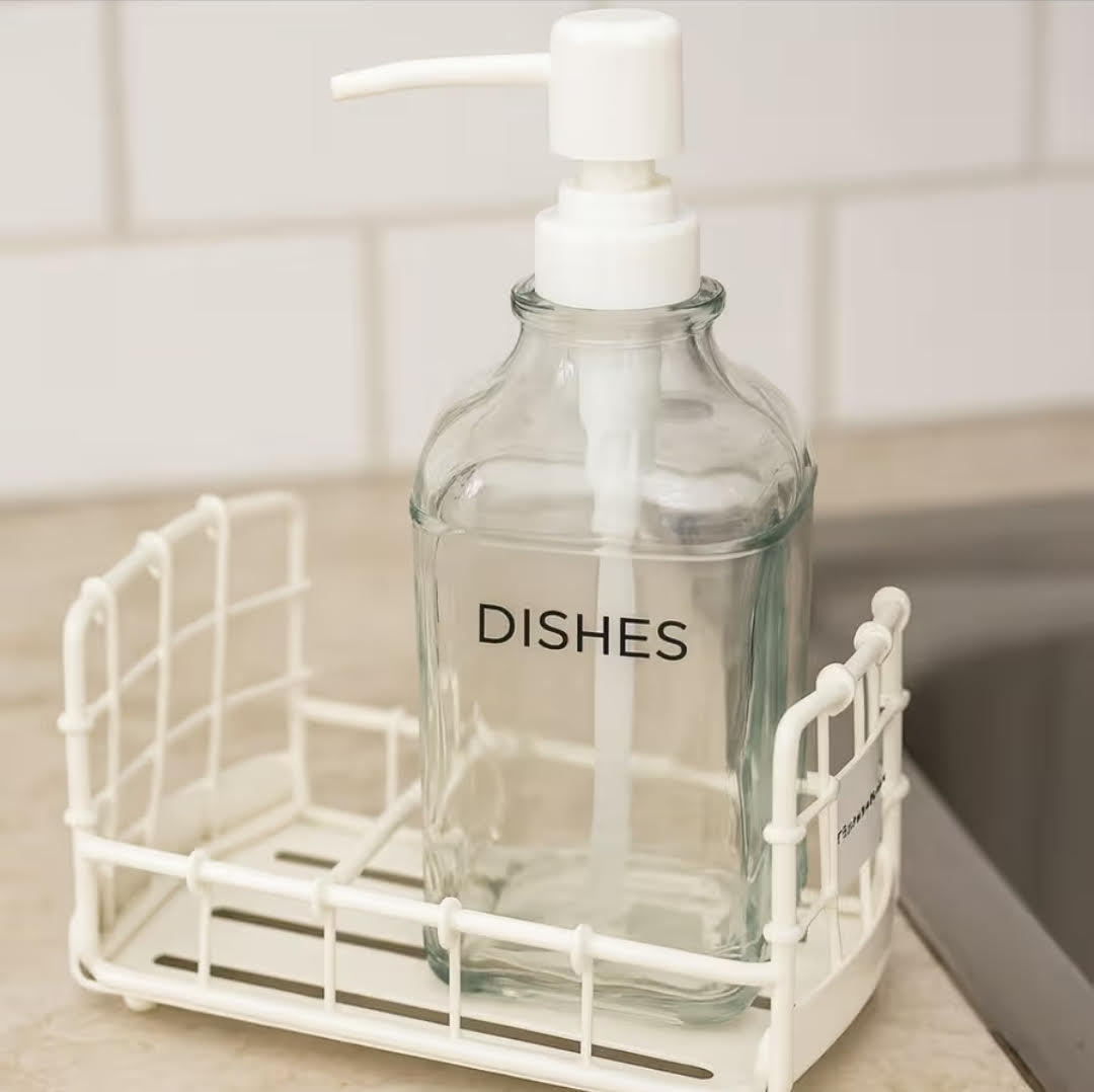 GLASS SOAP DISPENSER W/METAL TRAY IVORY