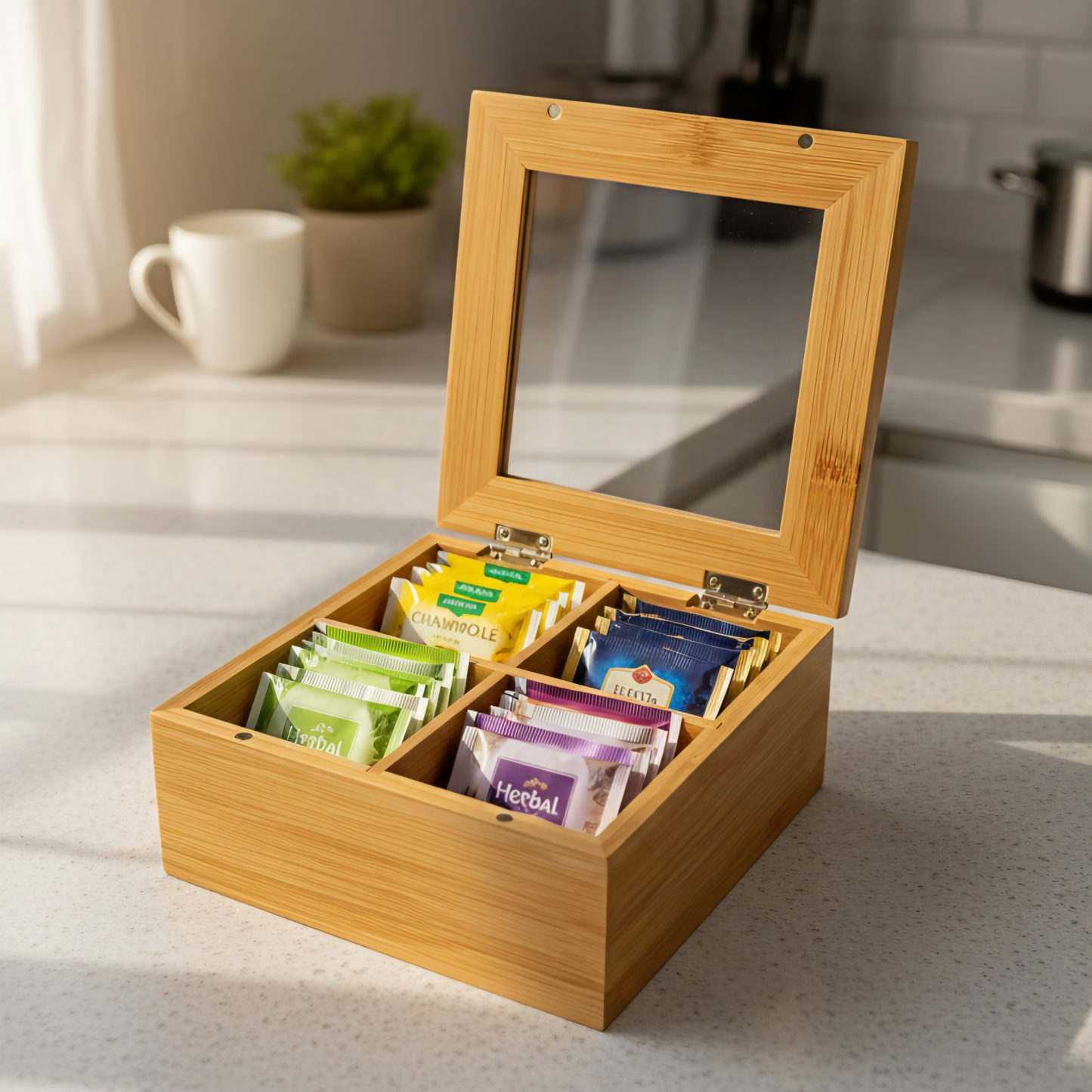 4 COMPARTMENT BAMBOO TEA BOX