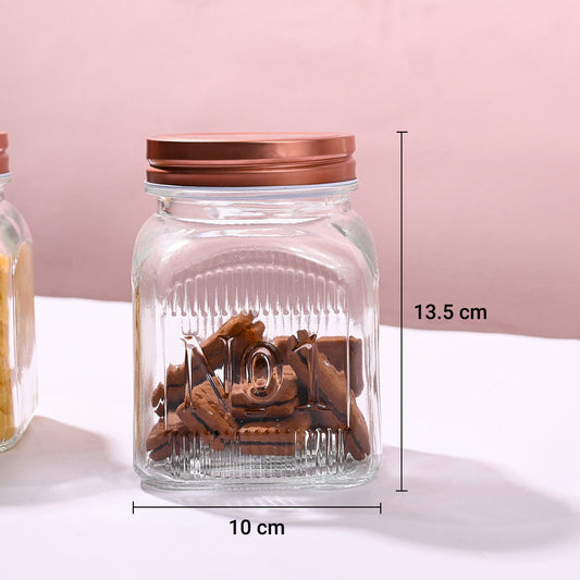 GLASS STORAGE JAR COPPER FINISH SQ 900ML
