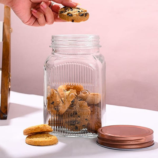 GLASS STORAGE JAR COPPER FINISH SQ 1100ML