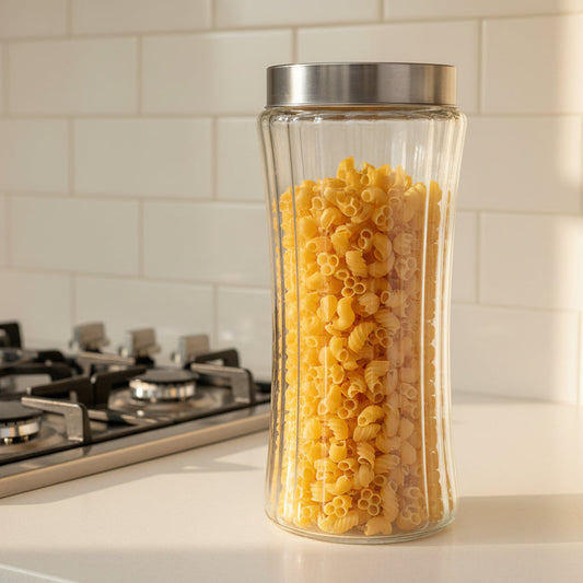 RIBBED GLASS STORAGE JAR TALL