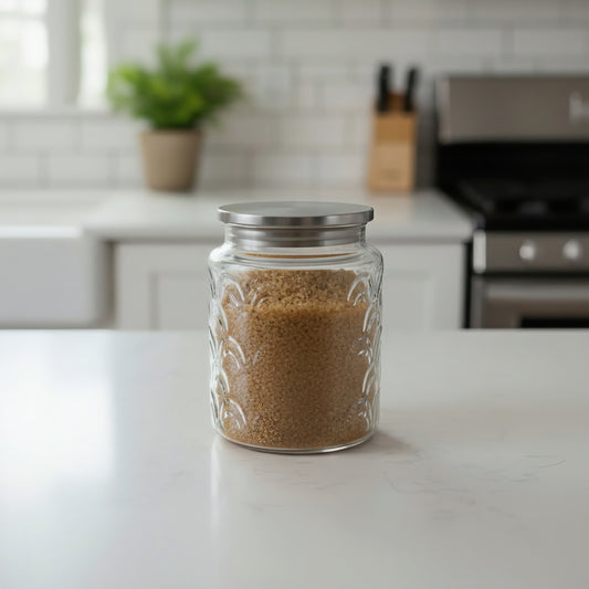 GLASS STORAGE JAR EMBOSSED SM