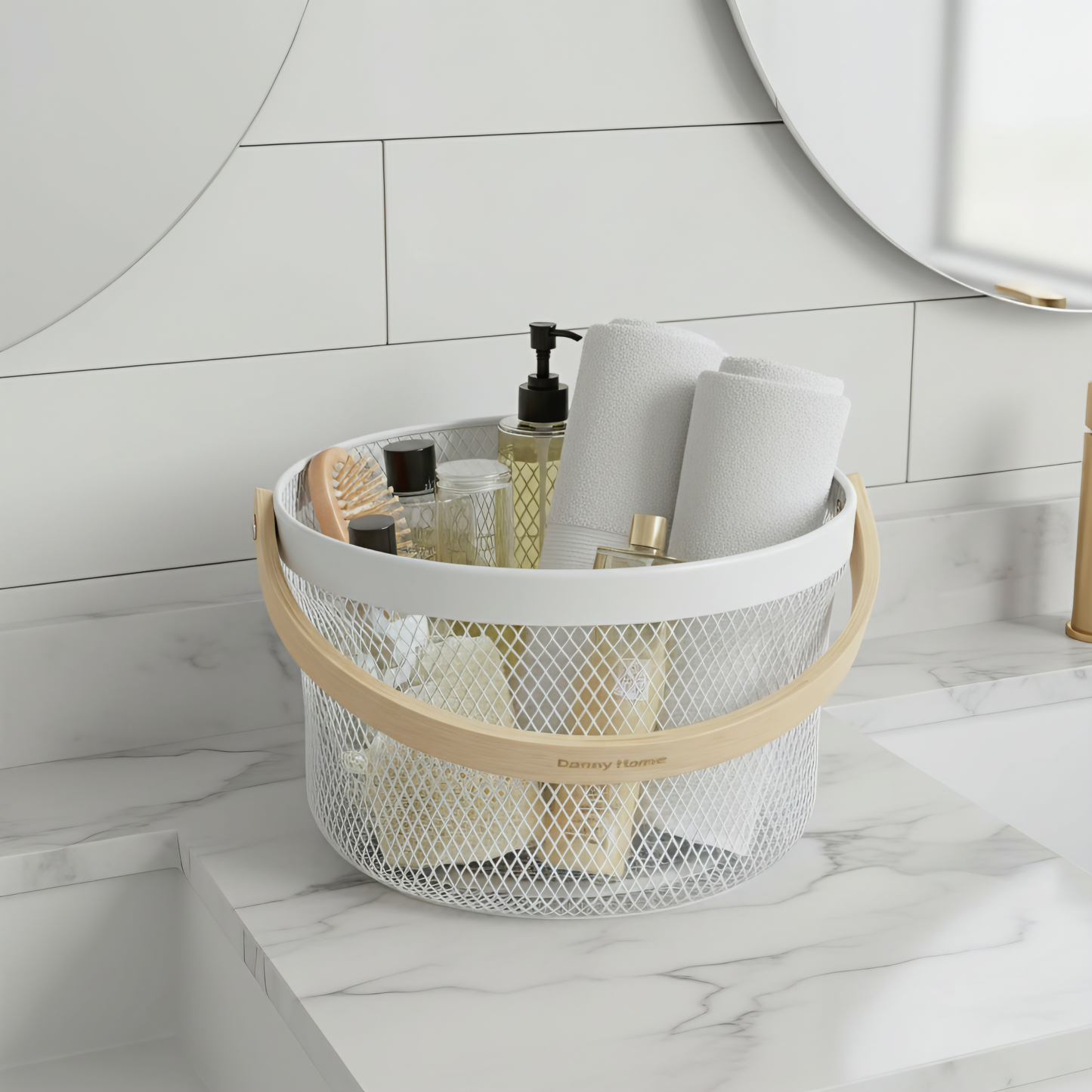 METAL MESH BASKET W/WOODEN HANDLE ROUND LIGHT GREY