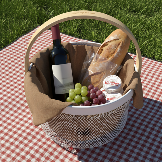 METAL MESH BASKET W/WOODEN HANDLE ROUND LIGHT GREY