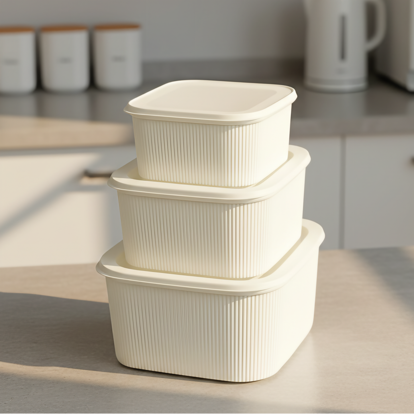 SET/3 PLASTIC KITCHEN STORAGE BOXES SQ RIBBED