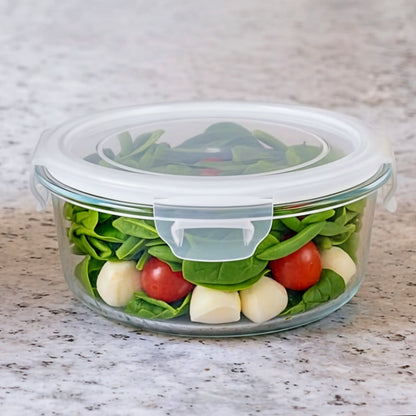 GLASS STORAGE CONTAINER ROUND w/LOCKING LID 930ML