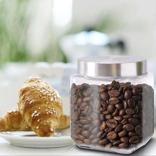 SQUARE GLASS JAR w/STAINLESS STEEL LID MEDIUM
