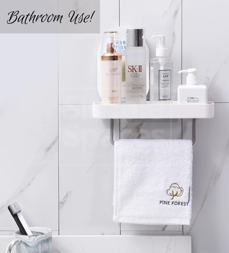 ADHESIVE MULTIFUNCTIONAL SHELF w/ TOWEL HANGER WHITE