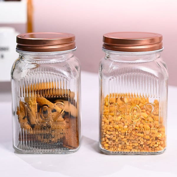 GLASS STORAGE JAR COPPER FINISH SQ 1100ML