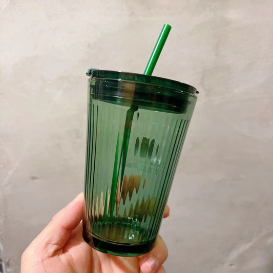 GLASS CUP W/SNAP LID & STRAW 450ML
