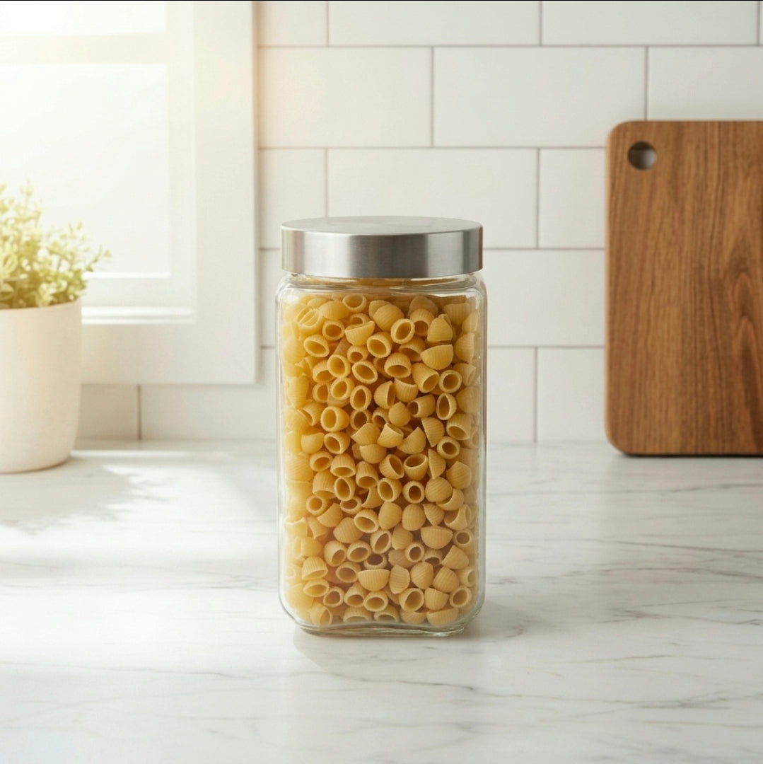 GLASS JAR w/STAINLESS STEEL LID SQ
