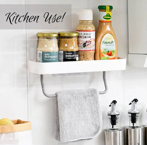 ADHESIVE MULTIFUNCTIONAL SHELF w/ TOWEL HANGER WHITE
