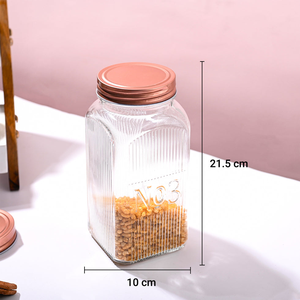 GLASS STORAGE JAR COPPER FINISH SQ 1500ML