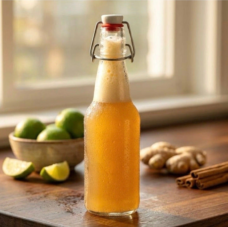 SET/2 GLASS BEVERAGE BOTTLES 20oz W/SWING CAP LID