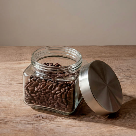 GLASS JAR w/STAINLESS STEEL LID SQ SMALL