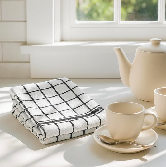 4PC WOVEN KITCHEN TOWEL SET BLACK WINDOWPANE