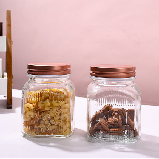 GLASS STORAGE JAR COPPER FINISH SQ 900ML